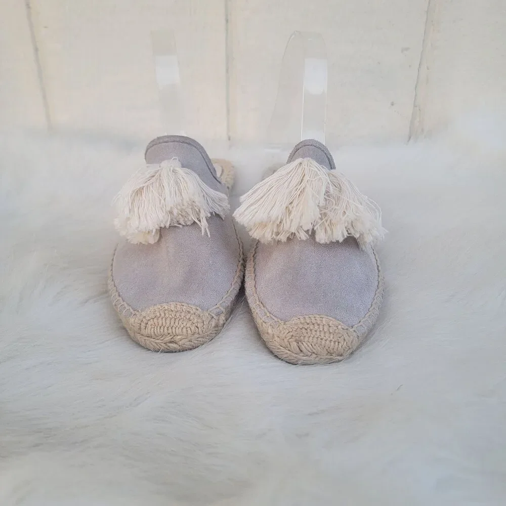 Soludos Tassel Espadrille Mules Womens size 7 Shoes Flats Natural Suede Gray